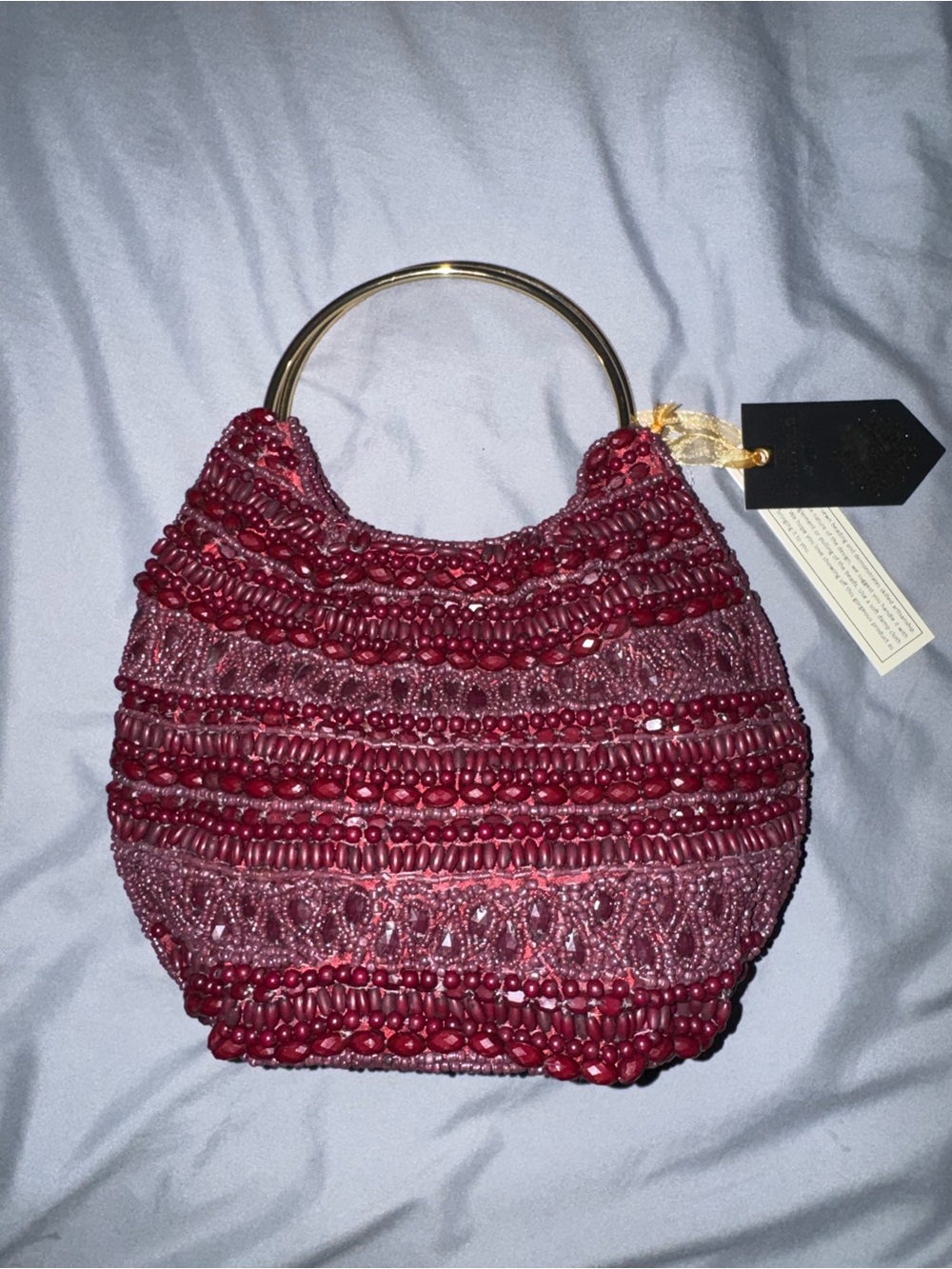 Beaded Burgundy Bag with Gold Handle Handmade in India New with Tags